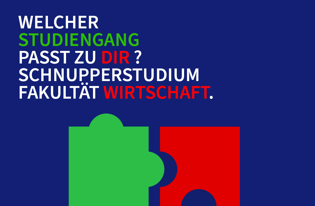Logo Schnupperstudium Fakultät Wirtschaft SoSe 2024 mit vier puzzleteilen und Schrift darüber